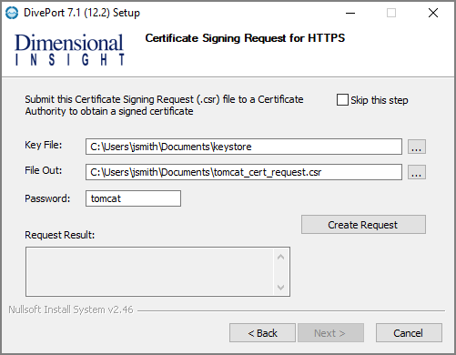 The Certificate Signing Request for HTTPS window.